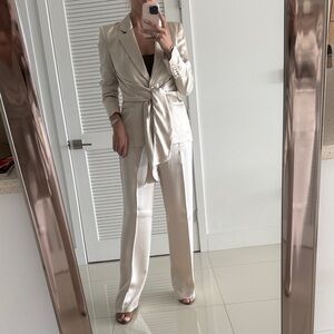 Zara Cream Satin Tie-Waist Blazer with Wide-Leg Trousers
